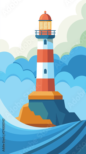 Iconic lighthouse stands tall on cliff amidst crashing waves vector illustration vector
