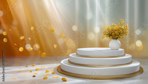 White round podium with gold trim and yellow flower bouquet in vase, soft light and floating petals create elegant atmosphere