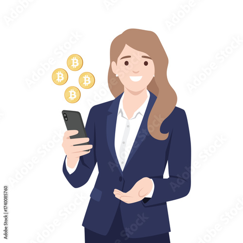 Businesswoman Using Smartphone with Floating Bitcoin Coins. Flat vector illustration isolated on white background