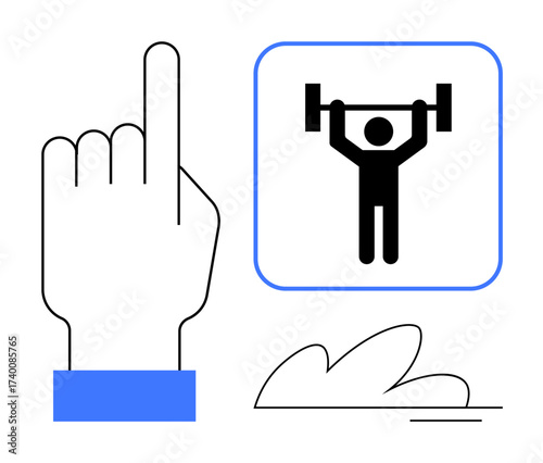 Index finger pointing up, weightlifter lifting barbell in square frame, abstract shape below. Ideal for fitness, motivation, progress, goals, determination self-improvement achievement. A bold
