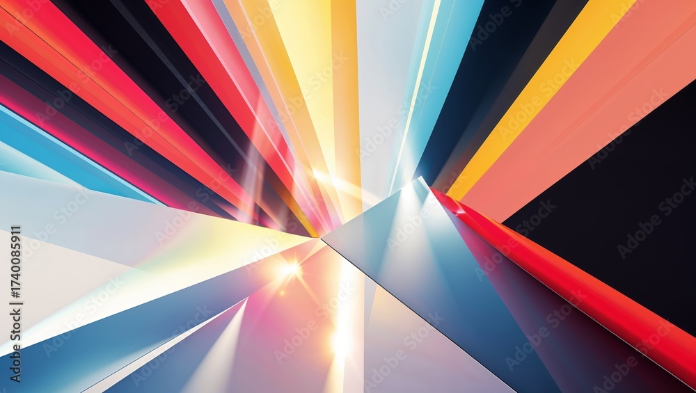 Fototapeta premium Abstract colorful geometric background with light flares and perspective angles for design
