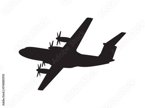 Black silhouette of a four-engine military transport aircraft in flight. Vector icon of a large cargo airplane isolated on a white background for design