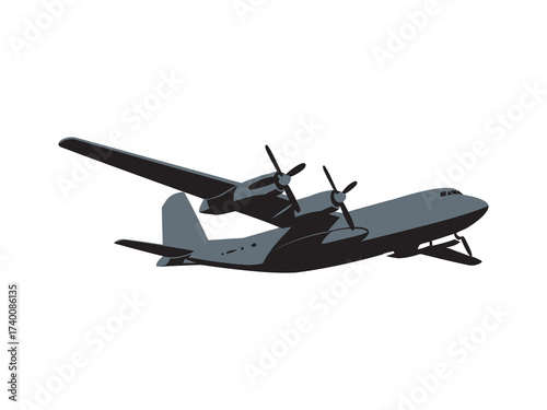 A gray flying boat airplane with four engines is shown in profile against a white background