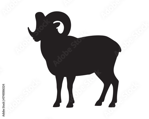 Striking black silhouette of a powerful ram, highlighting its characteristic large, curled horns and robust physique, suitable for graphic design and wildlife emblems