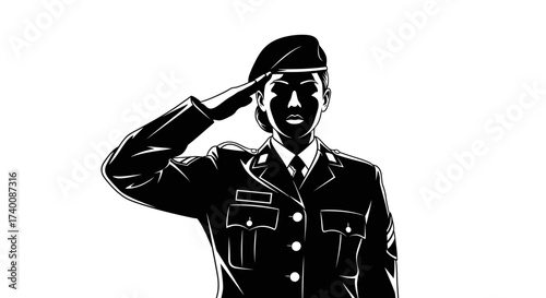 Vector art of female soldier saluting in black and white