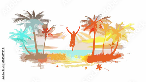 Vibrant tropical island getaway with palm trees and silhouette of joyful person jumping for freedom, perfect for travel ads and summer promotions