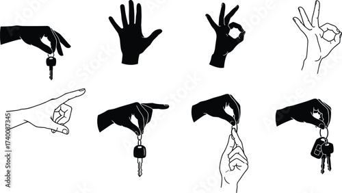 Hand holding key silhouette vector, pointing gesture sign symbol illustration, ok finger drawing, black white graphic art design, business security concept