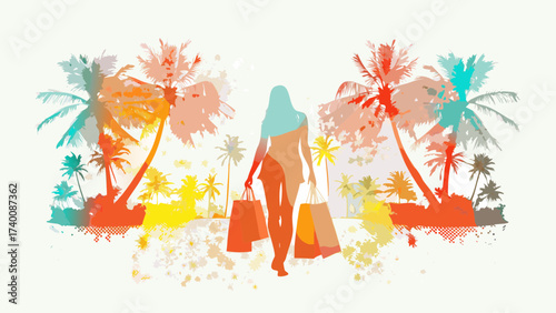 Stylish woman enjoying tropical vacation shopping, surrounded by vibrant palm trees, perfect for travel, lifestyle, or fashion branding, originally a scalable graphic