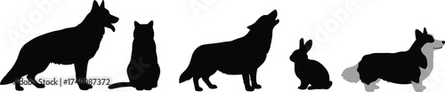 Dog cat rabbit wolf corgi animal silhouette vector, domestic pet collection design, wild animal shape illustration, black and white graphic art