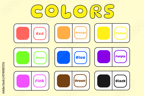 Colors flashcards for kids. Great for kindergarten, school materials. Colorful and simple vector illustration. Red, orange, yellow, green, blue, purple, pink, brown, black.