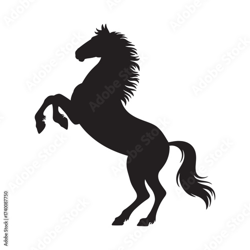 Elegant black silhouette of a powerful stallion rearing up on its hind legs. Vector graphic icon for equestrian design isolated on a white background