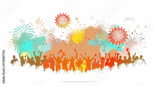 Celebrate Success with Vibrant Fireworks and Joyful Crowd, Perfect for New Year's, Festivals, and Corporate Events, Designed for Celebratory Moments