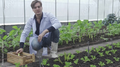 Scientists in the organic vegetable farm. Scientists are conducting research and development on the cultivation of organic vegetables.