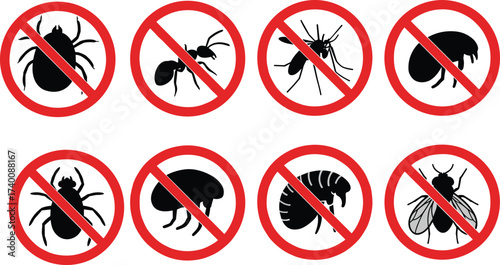 No insects allowed, pest control prohibition sign, vector illustration of bug ban, mosquito stop symbol, anti flea, fly, ant, tick prevention design