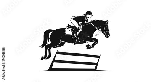 Vector art of silhouette of horse and rider jumping over obstacle on