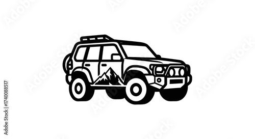 Vector art of offroad car with mountain on door panel