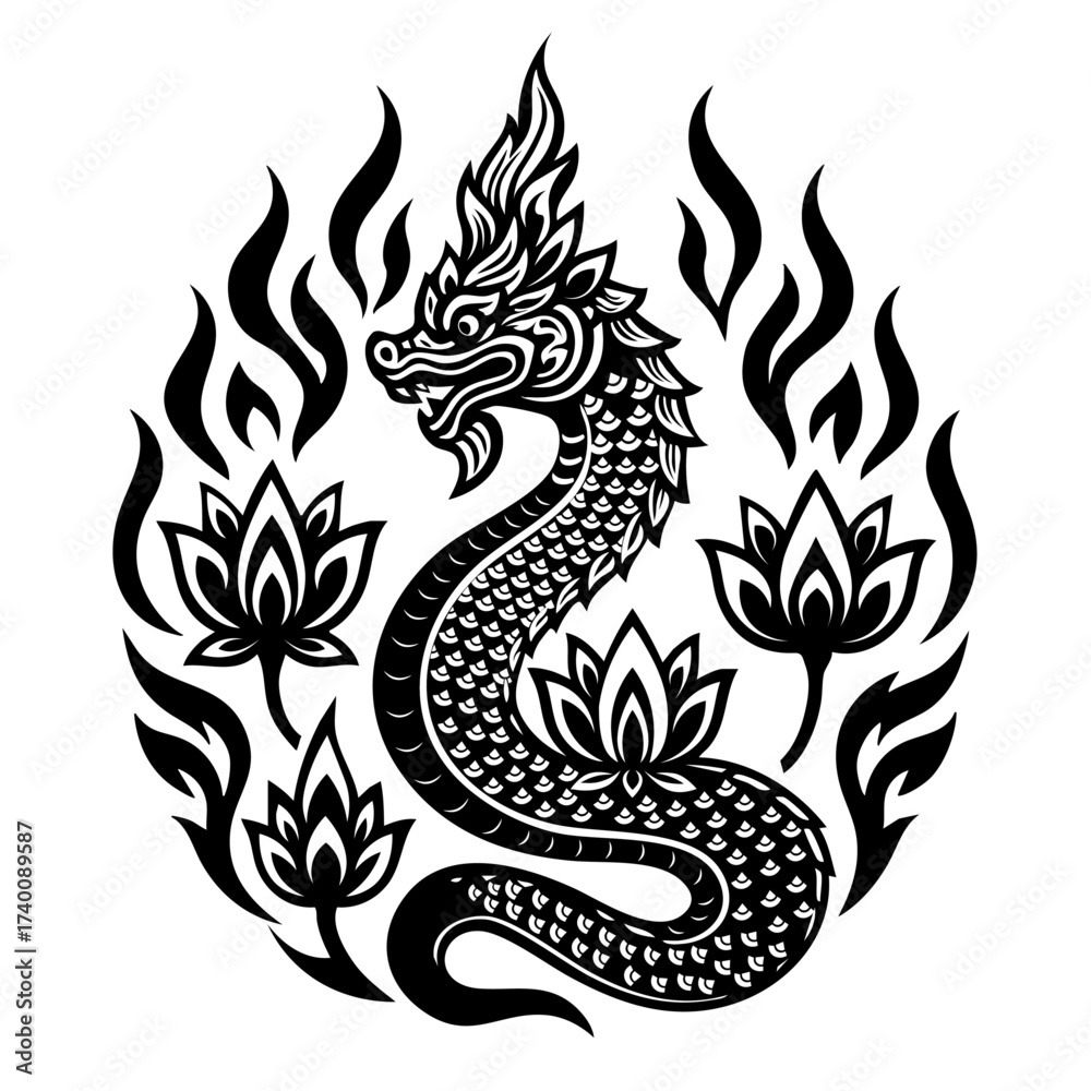 Fototapeta premium Thai Naga Vector Illustration with Lotus and Flame Motifs – Buddhist Art Design
