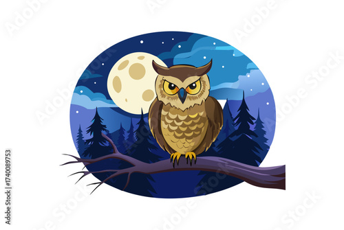 A wise owl perched on a branch under a full moon and starry night sky with silhouetted pine trees