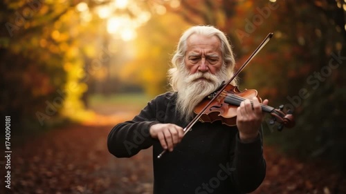 Elderly man playing violin while standing in autumn forest 
