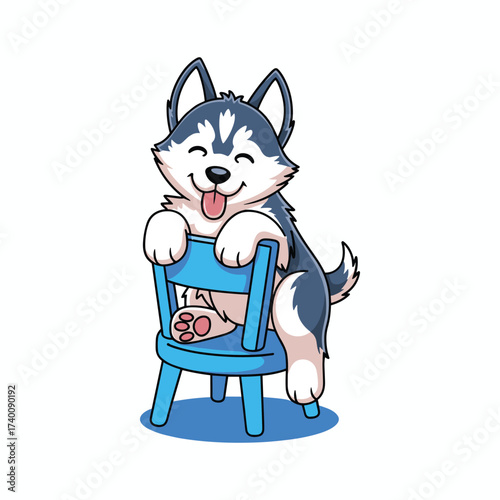 Cute cartoon husky puppy sitting on a blue chair with tongue out animal