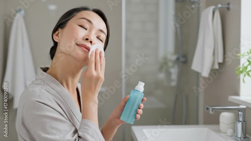 Woman applying skincare toner while relaxing in modern bathroom  