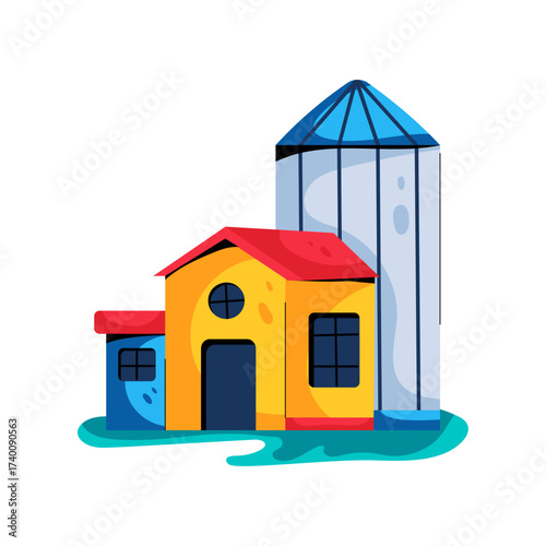 Colorful farmhouse with a silo vector illustration. Great for representing agriculture, farming, village houses, and rural lifestyle projects.