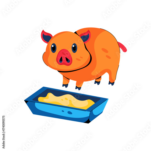 Pig with Feeding Trough Illustration