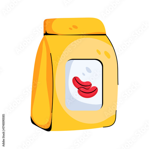A yellow food packet illustration with beans on the label, symbolizing packaged goods and processed food.