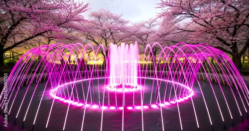 Vibrant pink fountain surrounded by cherry blossoms in a serene park setting