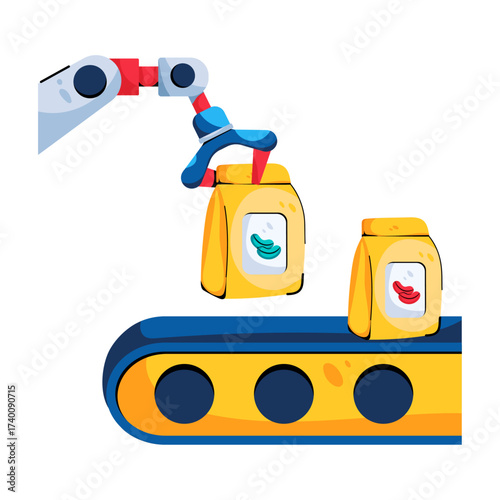 Robotic Arm Packaging on Conveyor Belt Illustration