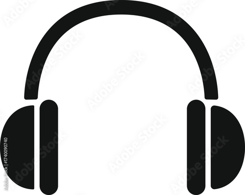 Simple black silhouette of over ear headphones on a white background representing audio listening and sound technology