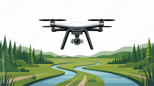 Drone Photography Over Serene Landscape: Aerial View of Winding River, Lush Green Fields and Forest, Capturing the Beauty of Nature from Above.