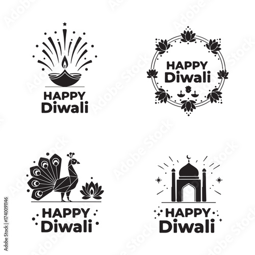 Obraz na plátně Geometric Happy Diwali silhouette typography bundle