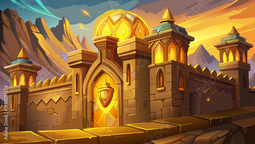 Close-up of Dorne sandstone palace wall, glowing golden reflection, surreal texture, fantasy aura, dreamlike atmosphere, mystical architecture detail, epic design, enchanted world close-up, imaginativ
