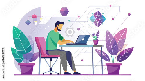 Business woman working on her laptop in a cafe with a drawing of a person sitting at a table, illustrating a modern work setting