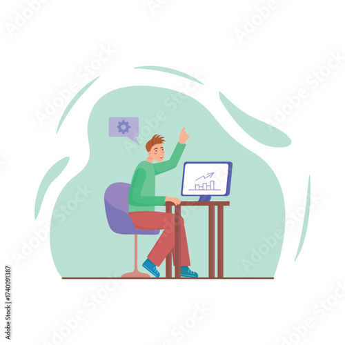 Stock images often depict business people working at a desk with a laptop, such as a man and woman or a woman sitting with a book or a pc in an office