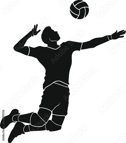 Dynamic silhouette of a volleyball player in mid air executing a powerful spike against a white background
