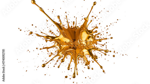 A splash of thick, liquid gold paint exploding outwards in a dynamic burst against a pure white background.
