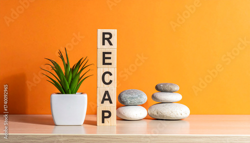 Recap word blocks with houseplant and balanced stones