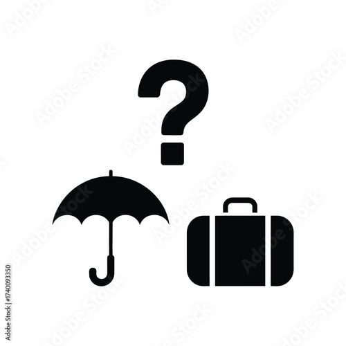 Question mark over umbrella and suitcase icons
