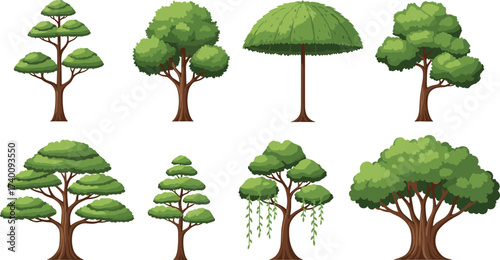 Tree variety illustration set, diverse foliage design, botanical elements, nature clipart, landscape assets, educational trees, vector art, stylized trunks