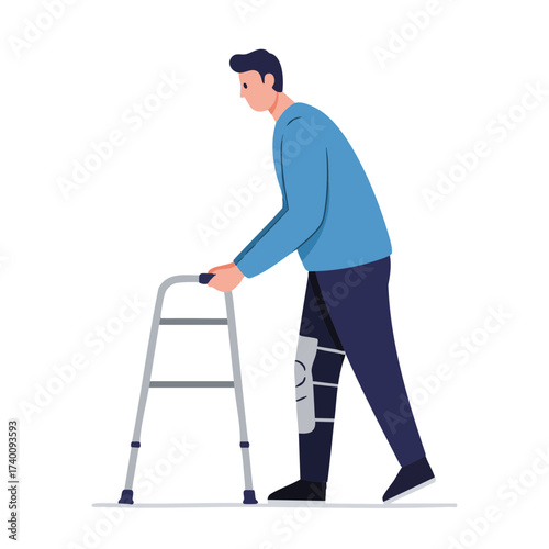 Man with Walker Learning to Walk Again Rehabilitation Vector Isolate
