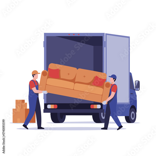 Movers Unloading Sofa from Furniture Truck Vector Isolate