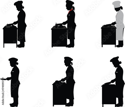 Chef, silhouette, cooking, kitchen, food, preparation, apron, hat, utensils, chopping, stirring, frying, culinary, restaurant, counter, motion, action, uniform, illustration, teamwork