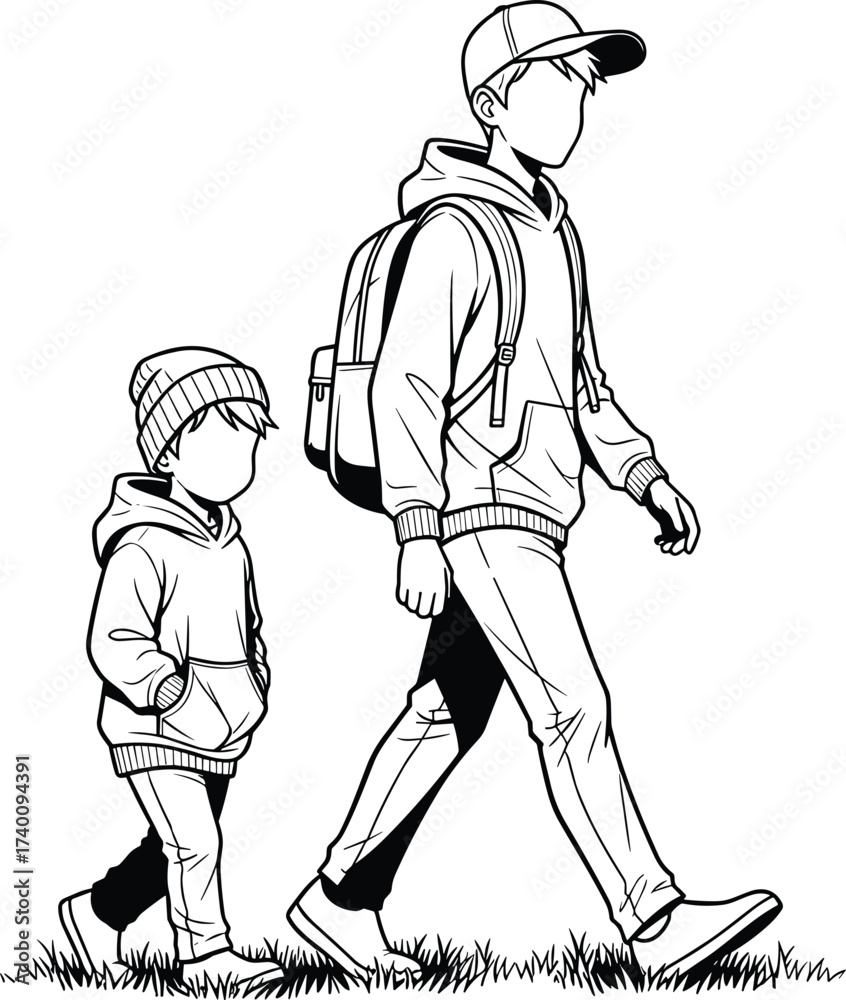 Fototapeta premium Two people walking, silhouette illustration, outdoor companionship, child and adult, black and white, hoodie outfit, everyday life, nature scene