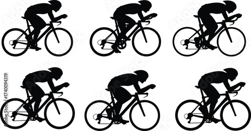 Cyclist silhouette, road bike posture, aerodynamic position, helmet rider, sports motion, competitive cycling stance, black figure, speed technique, athletic movement