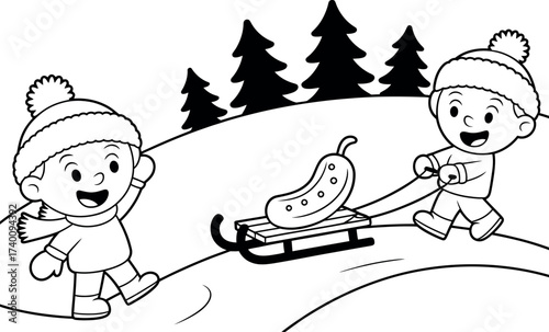 Vector art of black and white illustration of kids sledding with a pickle in winter
