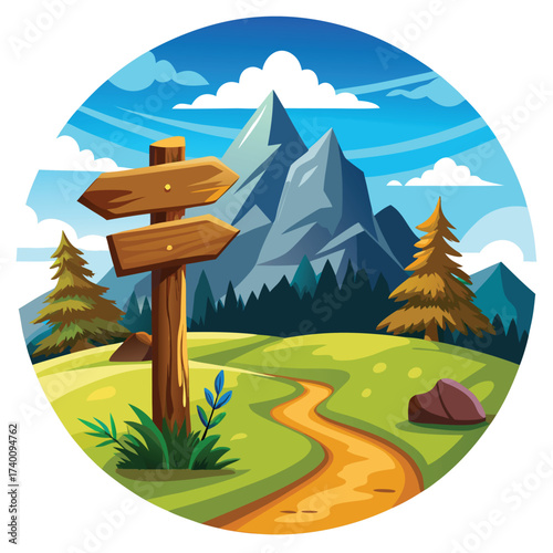 Mountain trail crossroads with directional signpost and scenic landscape