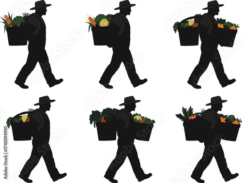 Farmer, walking, silhouette, vegetable, basket, agriculture, harvest, organic, produce, rural, lifestyle, food, farming, motion, fresh