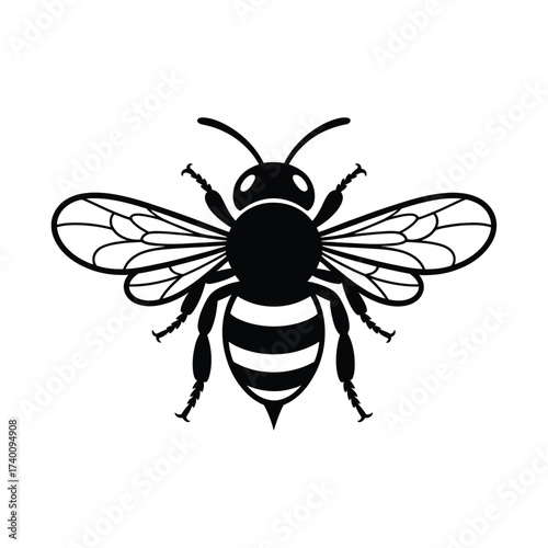 Stylized black silhouette of a honey bee with striped abdomen